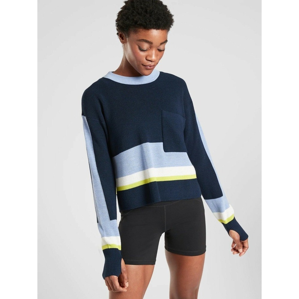 Athleta Merino Wool Blend Colorblock Crew Neck Sweater Navy Blue XXS Thumbholes